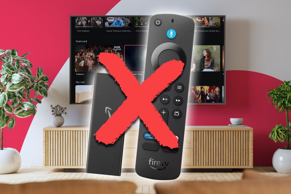 An illustration of an Amazon Fire TV Stick and remote with a red X over them, in front of a TV displaying the Fire TV interface.