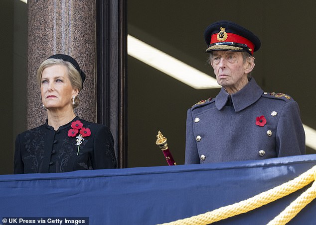 Sophie was watching the service from the left balcony of the Foreign Office building alongside the Duke of Kent, 90, who gave a firm salute as the service began