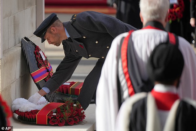 William lays a wreath shortly after his father, King Charles, did the same at the Cenotaph