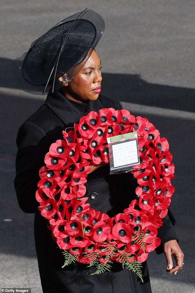 Conservative leader Kemi Badenoch, pictured laying a wreath on Remembrance Sunday, said Britain was 'losing a sense of who we are and what we¿re fighting for'