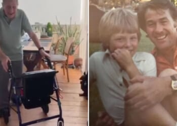 Soap legend, 90, with famous singer son dances with a walker as he celebrates milestone birthday