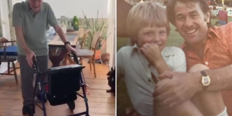 Soap legend, 90, with famous singer son dances with a walker as he celebrates milestone birthday