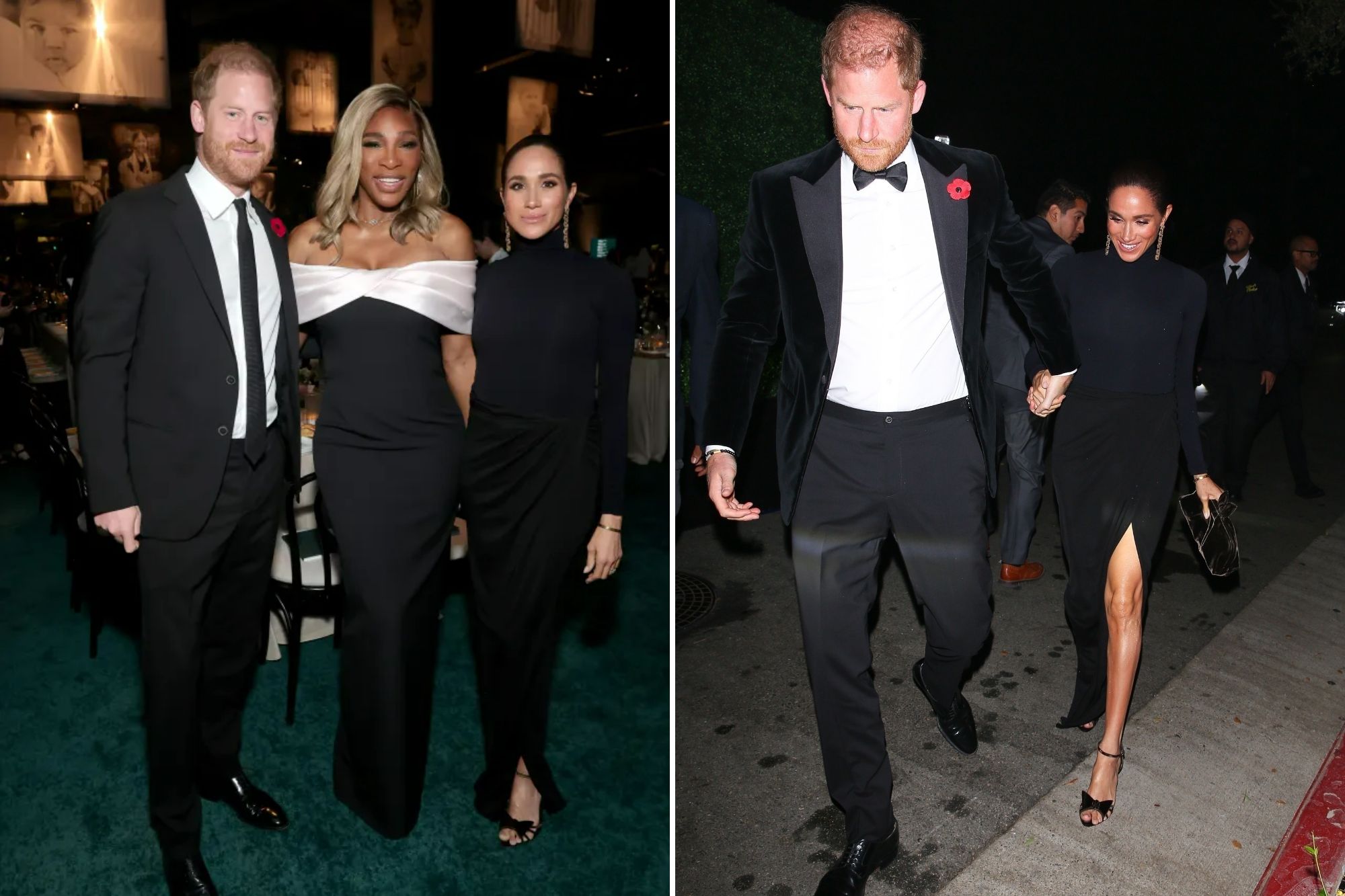 An image collage containing 2 images, Image 1 shows Prince Harry, Serena Williams and Meghan Markle posing together at the 2025 Baby2Baby Gala, Image 2 shows *EXCLUSIVE* Prince Harry & Meghan Markle arrive at Kris Jenner's 70th birthday party!