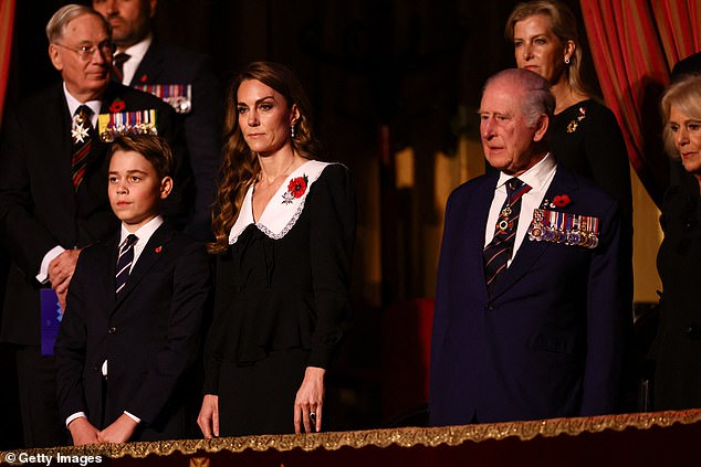 The Princess of Wales, her eldest son Prince George, and the King at the Royal British Legion Festival of Remembrance on Saturday night at the Royal Albert Hall, London