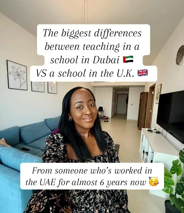 A woman sitting on a couch, talking about the biggest differences between teaching in Dubai and the U.K.