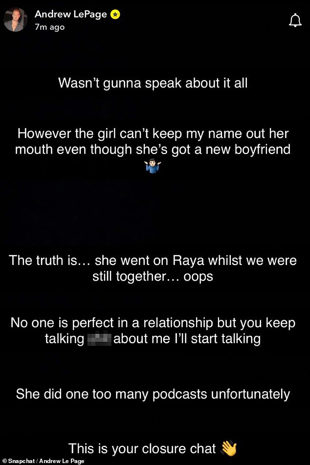 Andrew claimed that Tasha was using the celebrity dating app Raya while still in a relationship with him