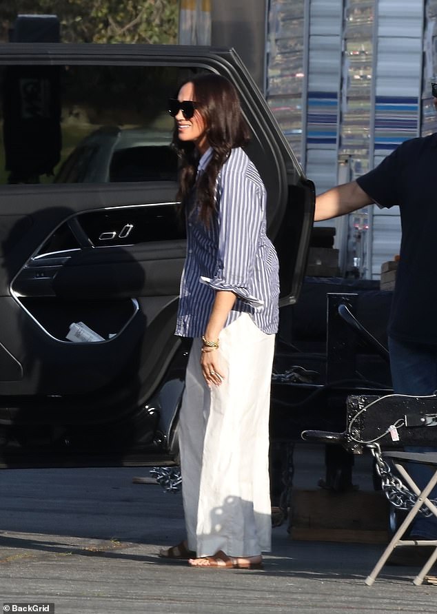 Meghan was photographed in Pasadena, California, this week working on her first acting gig since she quit Hollywood to become a duchess eight years ago