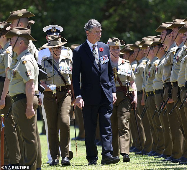 Vice Admiral Sir Timothy Laurence inspects the parade marking the Centenary of the Royal Australian Corps of Signals at Victoria Barracks in Sydney