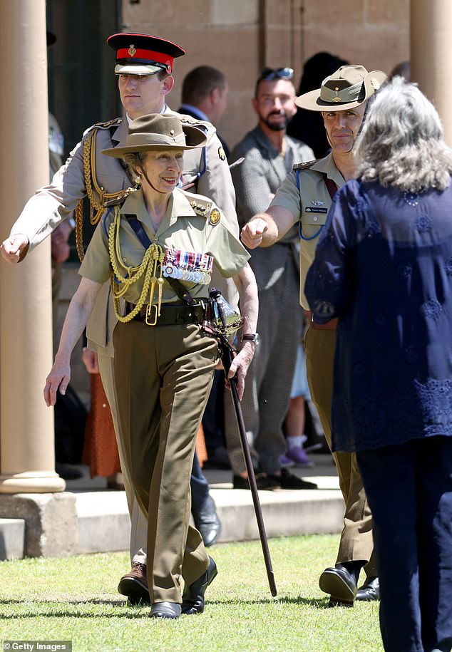 Princess Anne appeared smart and polished as she proudly sported an Australian army uniform complete with medals