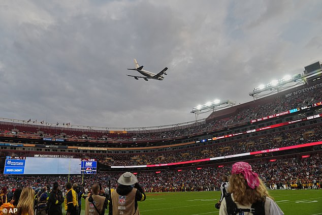 Donald Trump later said it was the 'greatest flyover ever' before arriving at the stadium