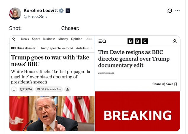 White House press secretary Karoline Leavitt posted a two-word response to Mr Davie's departure alongside two screenshots of news articles