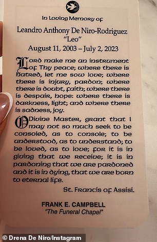 Drena posted a picture of a prayer card she had made for her son