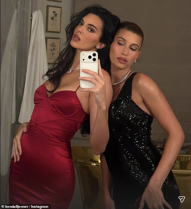 Kendall (left), who recently celebrated her 30th birthday with a starry soirée on a private island, posted an Instagram Story photo of herself posing with Hailey Bieber (right)
