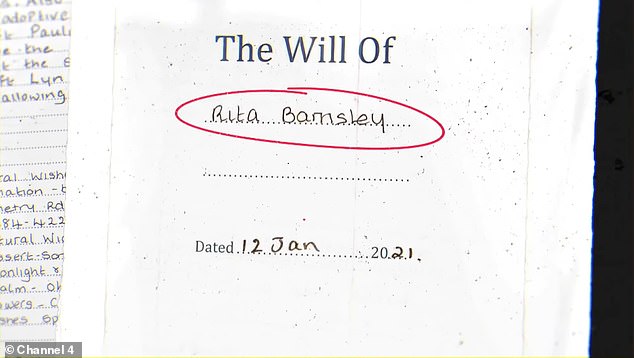 Pictured: Rita Barnsley's will. The elderly care home resident had £175,000 of life savings