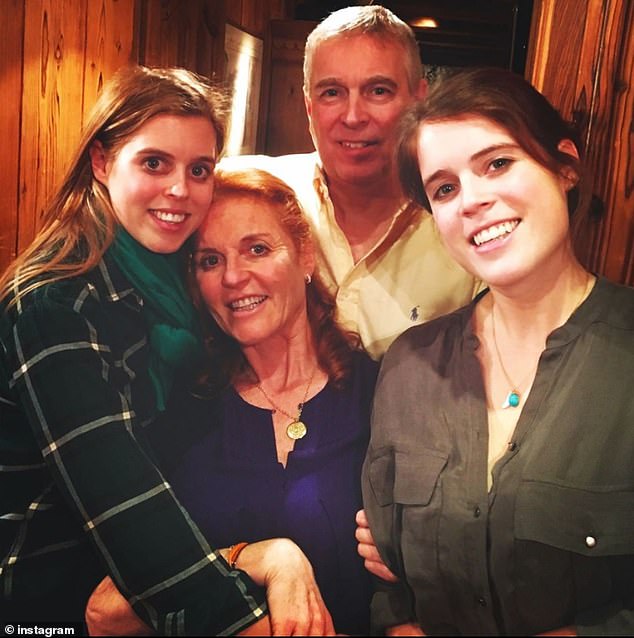 Pictured (left to right) Princess Beatrice, Sarah Ferguson, Andrew Mountbatten Windsor and Princess Eugenie