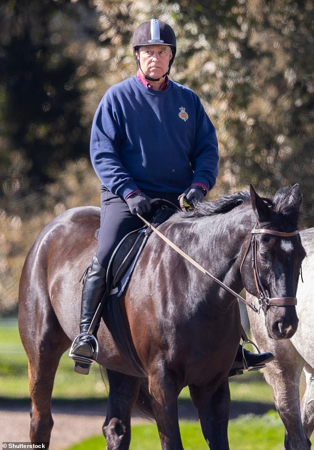 Andrew (pictured riding at Windsor Castle earlier this year) and his ex-wife Sarah Ferguson were effectively thrown out by their ears by King Charles after both were exposed as having lied about breaking off contact with billionaire paedophile Jeffrey Epstein in the years following his 2008 conviction and plea deal for organising child prostitution
