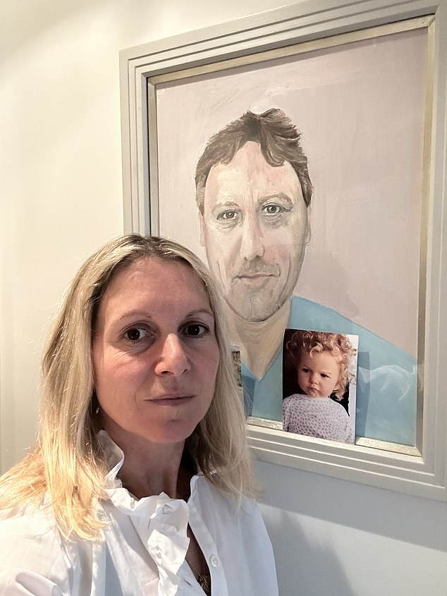 Charlotte at home in front of a portrait of her true love, late partner Alex