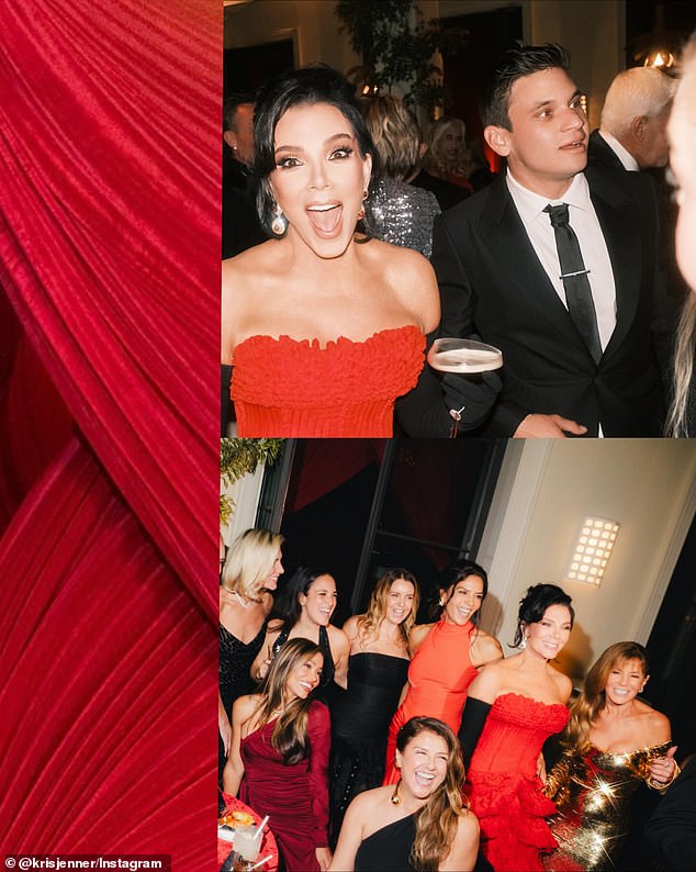 Jenner paired her chic red gown with black opera gloves and sparkling ruby jewelry as she sipped on espresso martinis and posed with her many guests