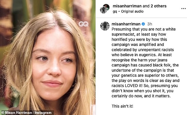 The British actress weighed in after the celebrated photographer Misan Harriman shared a clip from a new interview with Sydney, in which she brushed off the backlash surrounding the ad