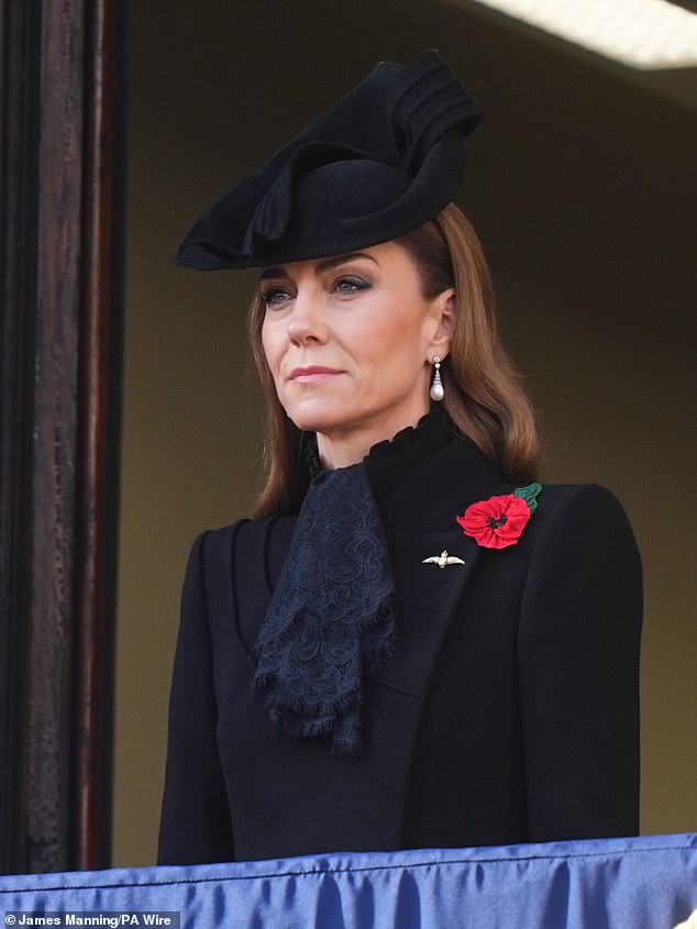 The future Queen, 43, appeared sombre as she joined members of the royal family in paying her respects to fallen soldiers while attending yesterday's Remembrance service at the Cenotaph war memorial in Whitehall, London