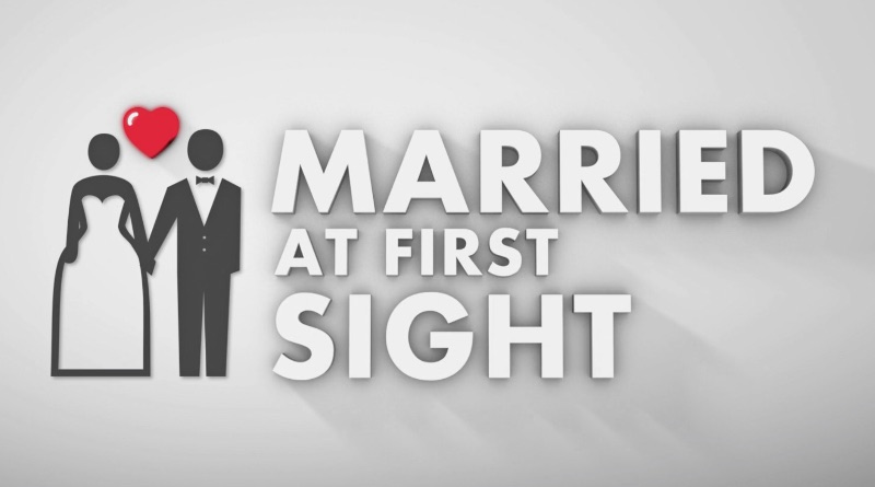 Illustration of a bride and groom holding hands with a red heart above them, next to the words "MARRIED AT FIRST SIGHT."