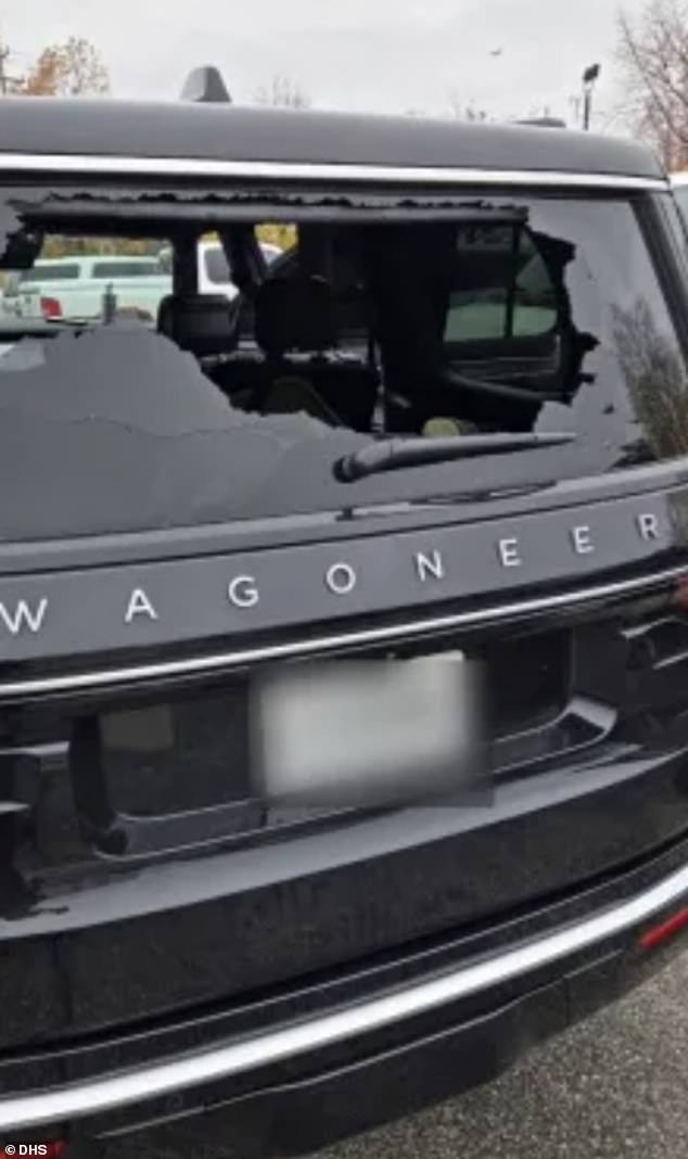 A federal vehicle's back window was shattered by protestors throwing bricks, the DHS said