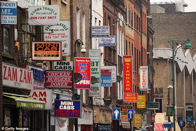 The actress said the East End was more 'cosmopolitan' and home to 'many, many more different races and colours and accents and voices' (pictured: signs on Brick Lane)