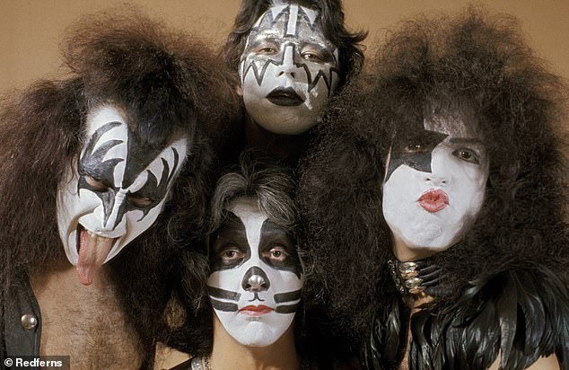 (L-R) Gene Simmons, Peter Criss (bottom), Ace Frehley (top), Paul Stanley posed in a KISS group shot in 1975; Stanley and Simmons said they were 'devastated' by Frehley’s death