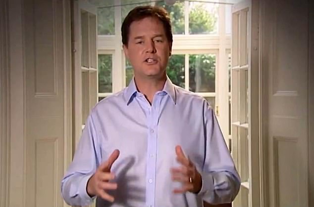 Ex-Lib Dem leader Nick Clegg is pictured making his famous apology speech after breaking a promise, made before joining the coalition government with the Tories in 2010, not to increase tuition fees