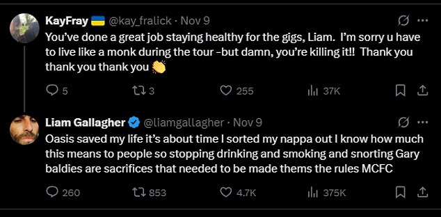 Liam told the fan: 'Oasis saved my life. It's about time I sorted my nappa out. I know how much this means to people'