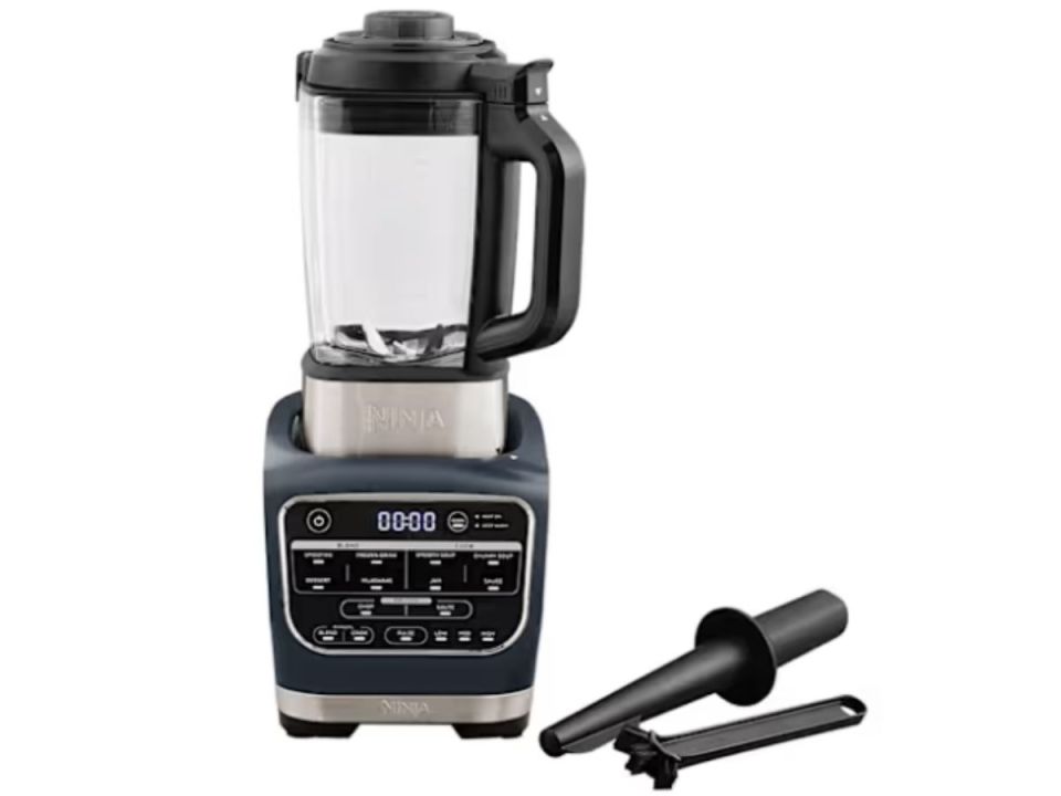 Ninja blender with various controls and an accompanying tamper and blade cleaning tool.