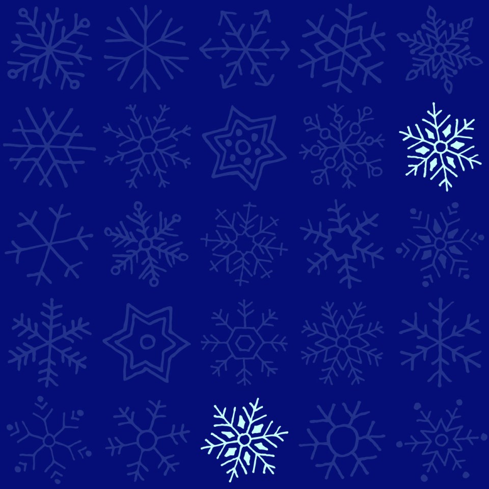 Illustration of a brainteaser with many blue snowflakes and two light blue snowflakes on a dark blue background.