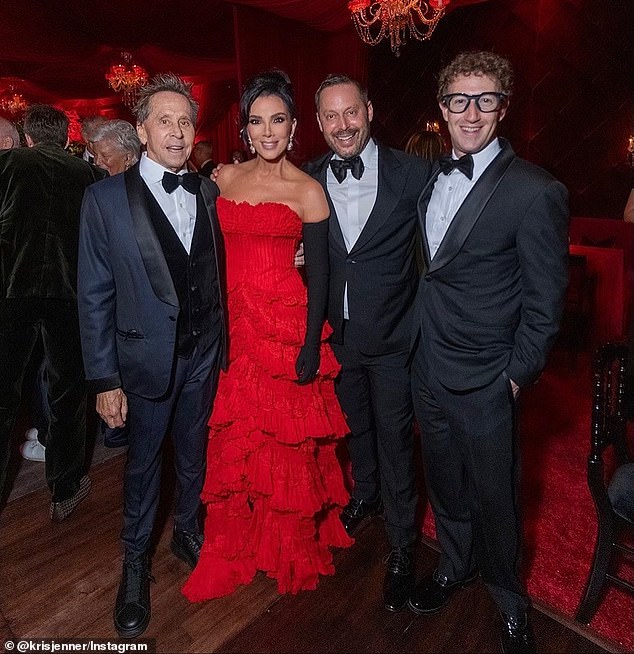 The Hollywood super producer Brian Grazer favored a three-piece tuxedo while snapping a photo with Kris and Mark Zuckerberg