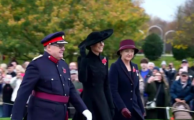 The Princess of Wales smiles as she arrives at the Royal British Legion Service of Remembrance at the National Memorial Arboretum in Staffordshire