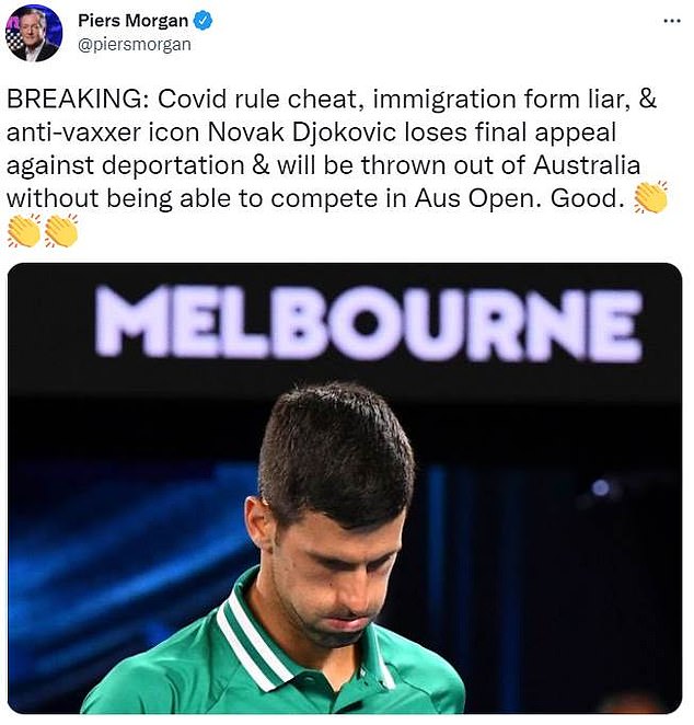 Morgan had labelled Djokovic a 'covid rule cheat' and 'immigration form liar' after the Serbian star was deported from Australia back in 2022 ahead of the Australian Open