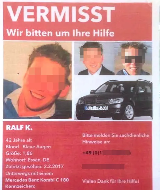 Missing person poster for Ralf K. with his photos and a black Mercedes-Benz Kombi C 180.