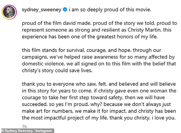 Taking to Instagram on Monday, the actress shared an impassioned post about the movie