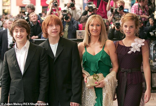 In contrast, relations between JK and the three lead stars, Daniel Radcliffe, Rupert Grint, and Emma Watson, have been frosty for years (pictured in 2004)