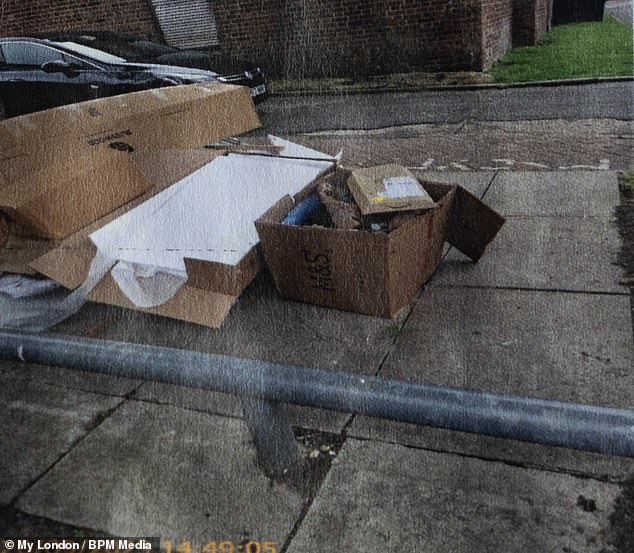 The cardboard envelope on top of some boxes by the communal bins outside her flat