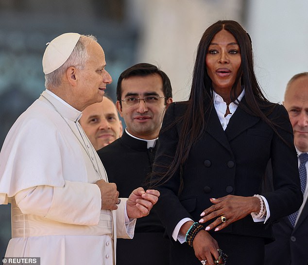 The supermodel, 55, met the head of the Catholic Church at the end of a general audience in St. Peter's Square on Wednesday