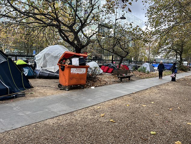 Back at the campsite, a large orange commercial bin was seen full of suitcases, discarded clothes and pizza boxes