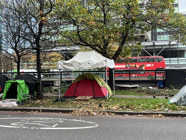 Some shelters had gazebos and even mattresses as migrants and the homeless make the area home