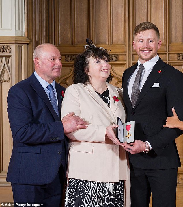 Swimming champion Adam is said to have had his head turned by fiancée Holly's fame and money (Adam pictured with his mum Caroline and dad Mark after receiving his OBE)