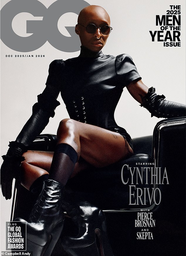 Ahead of the ceremony, Cynthia posed for a cover shoot for the Men of the Year issue and looked sensational in a black leather shoulder-padded bodysuit