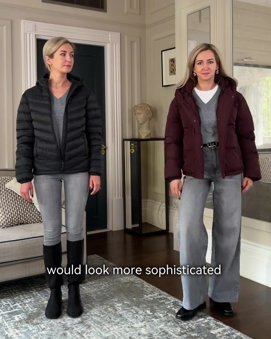 A woman models two outfits: one with a black puffer jacket, gray skinny jeans, and black boots; the other with a maroon puffer jacket, gray wide-leg pants, and black flats.