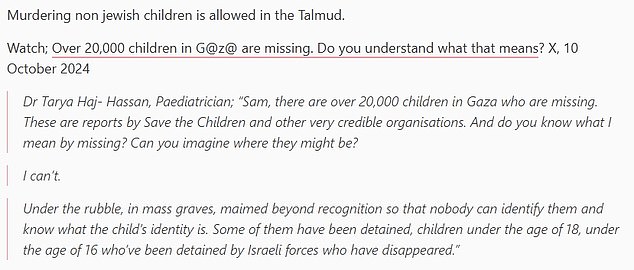 In one newsletter, the charity writes that 'murdering non-Jewish children is allowed in the Talmud'