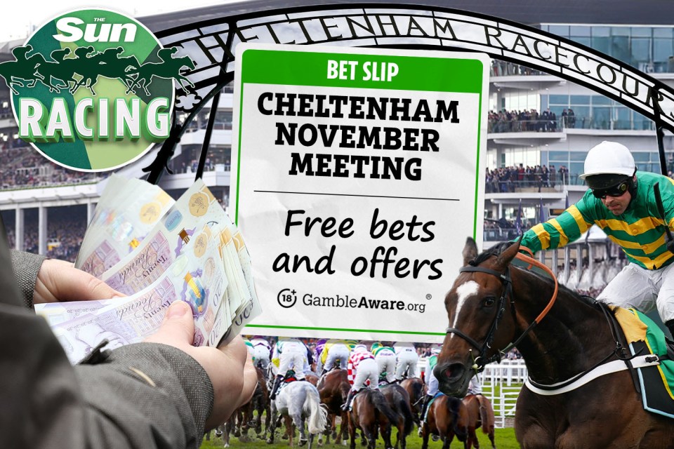 Collage of horse racing elements, including The Sun Racing logo, a bet slip for Cheltenham November Meeting with free bets, cash in hands, and a jockey on a horse.