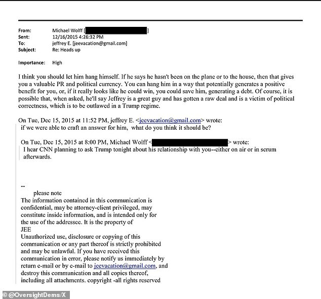Michael Wolff emailed Epstein with the subject line 'heads up' on December 15, 2015 - the day of a Republican primary debate televised by CNN