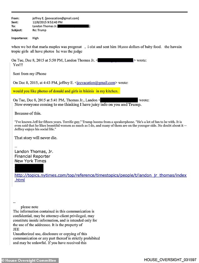 Epstein discussed his connection to Trump with New York Times Financial Reporter Landon Thomas on December 8, 2015