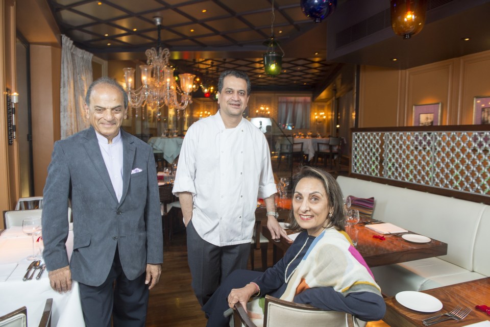 Executive Chef Uday Salumkhe with owners Ranjit Mathrani and Namita Panjabi inside the Veeraswamy Restaurant in London.